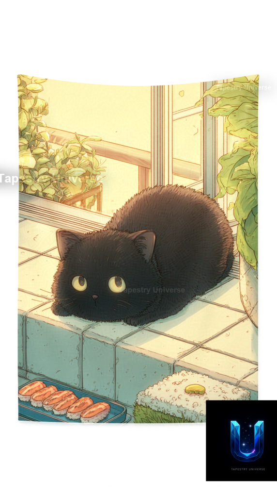 Cute black fluffy cat with big yellow eyes watching sushi in a sunny anime kitchen. Yellow, black, green, and teal.