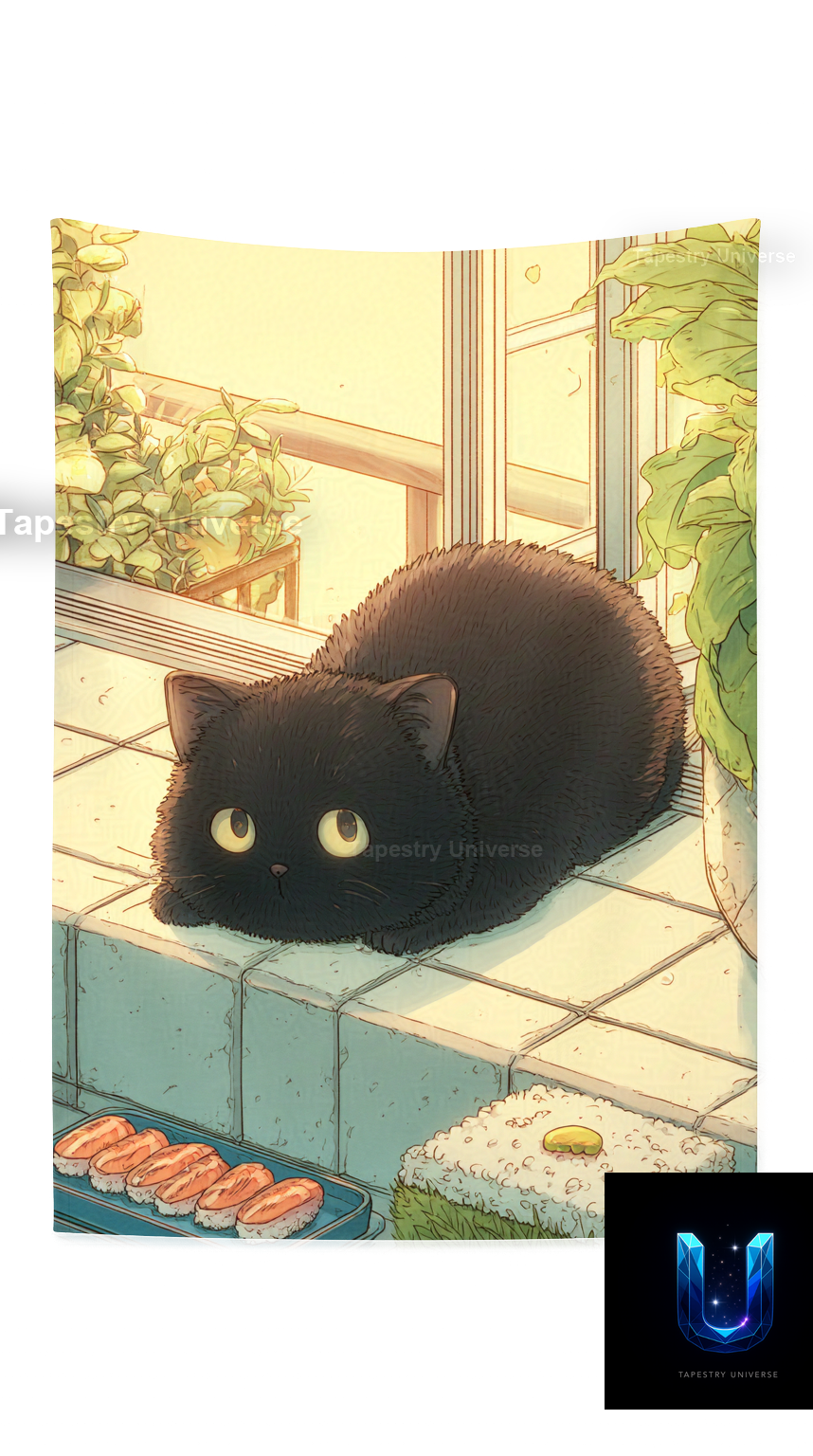 Cute black fluffy cat with big yellow eyes watching sushi in a sunny anime kitchen. Yellow, black, green, and teal.